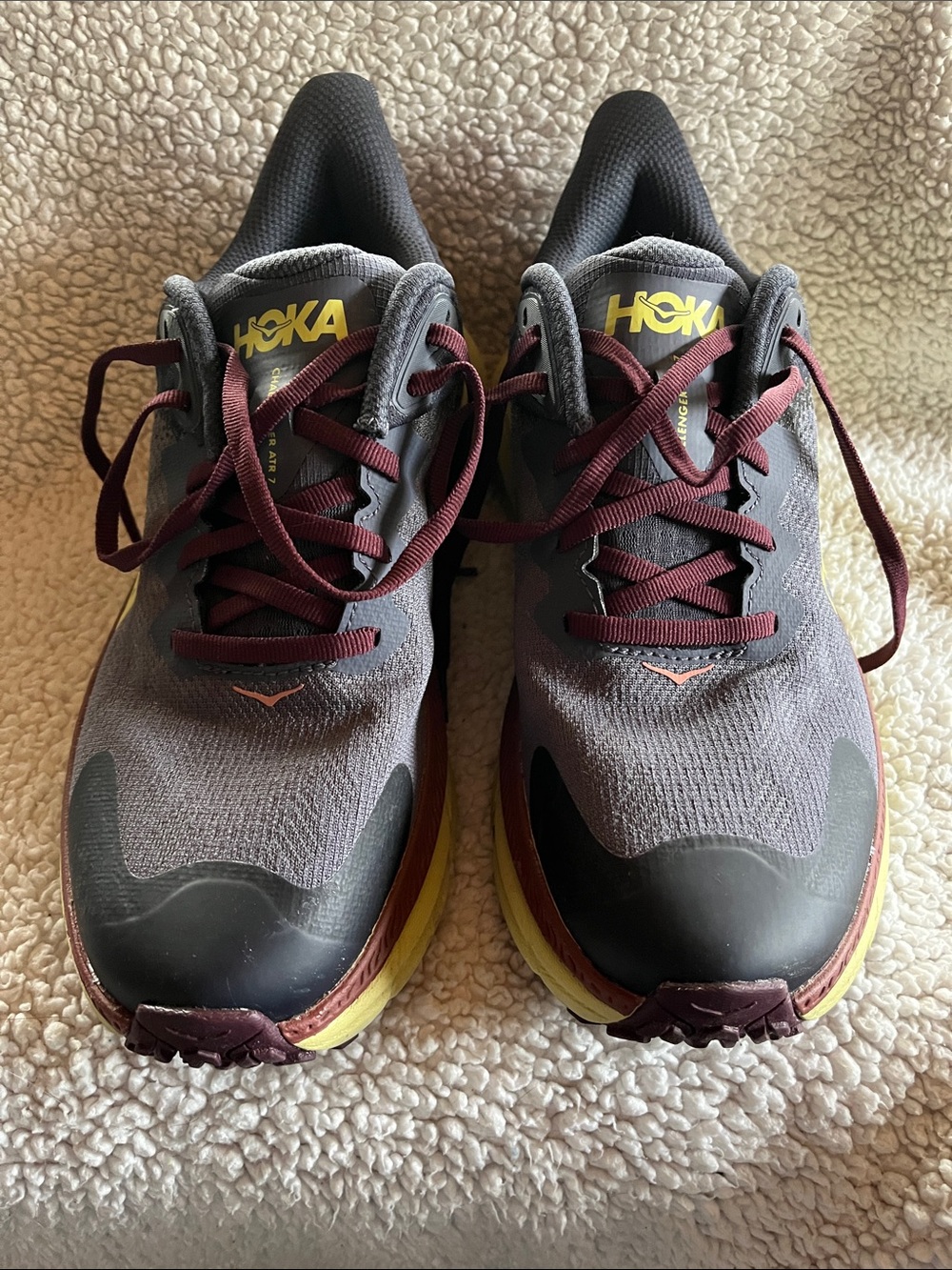 Hoka women’s Gray and Burgundy Challenger Running Shoes with Yellow Logo size 9